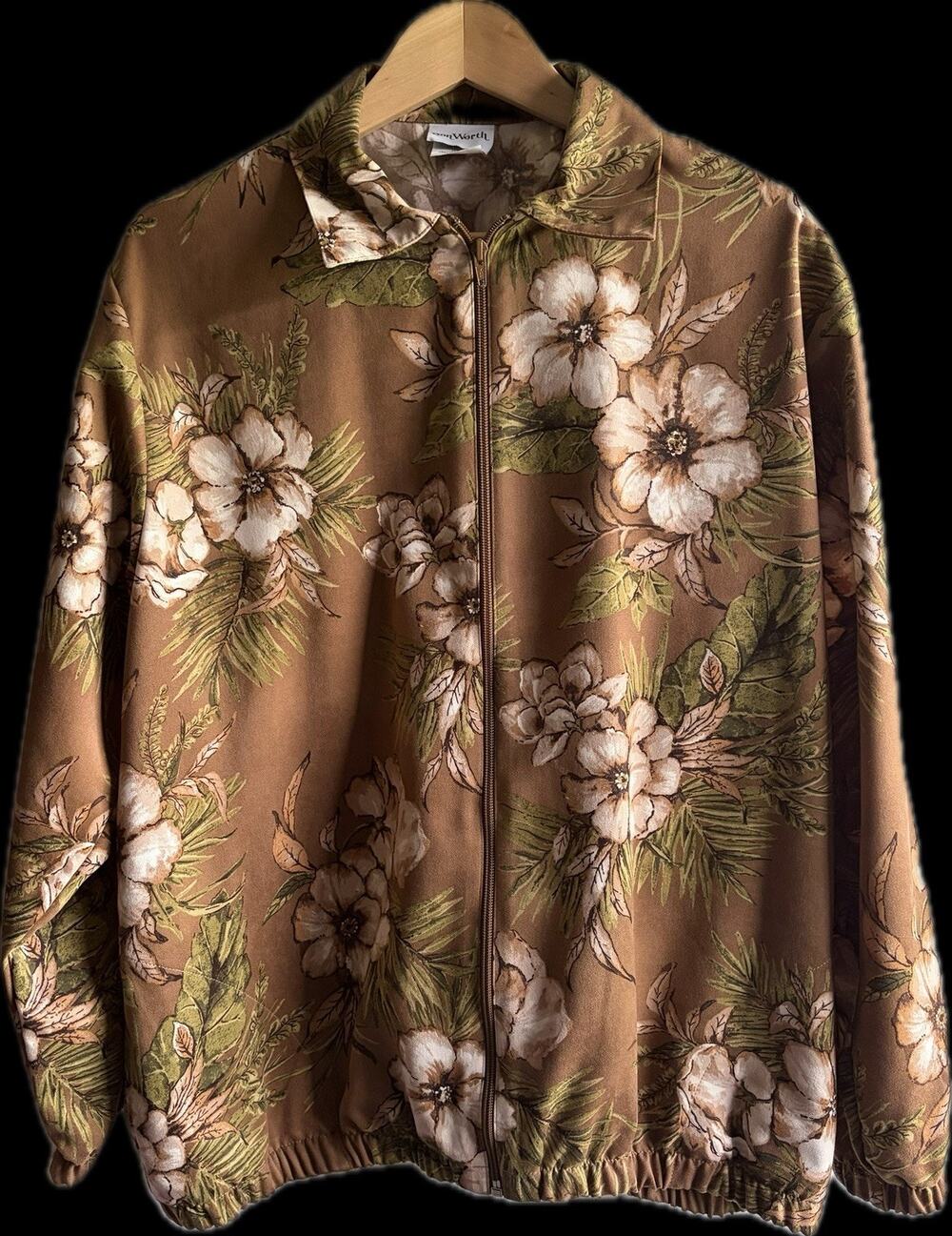 Vintage BonWorth Faux Suede Floral Jacket Brown Grandmacore Zip Womens Medium